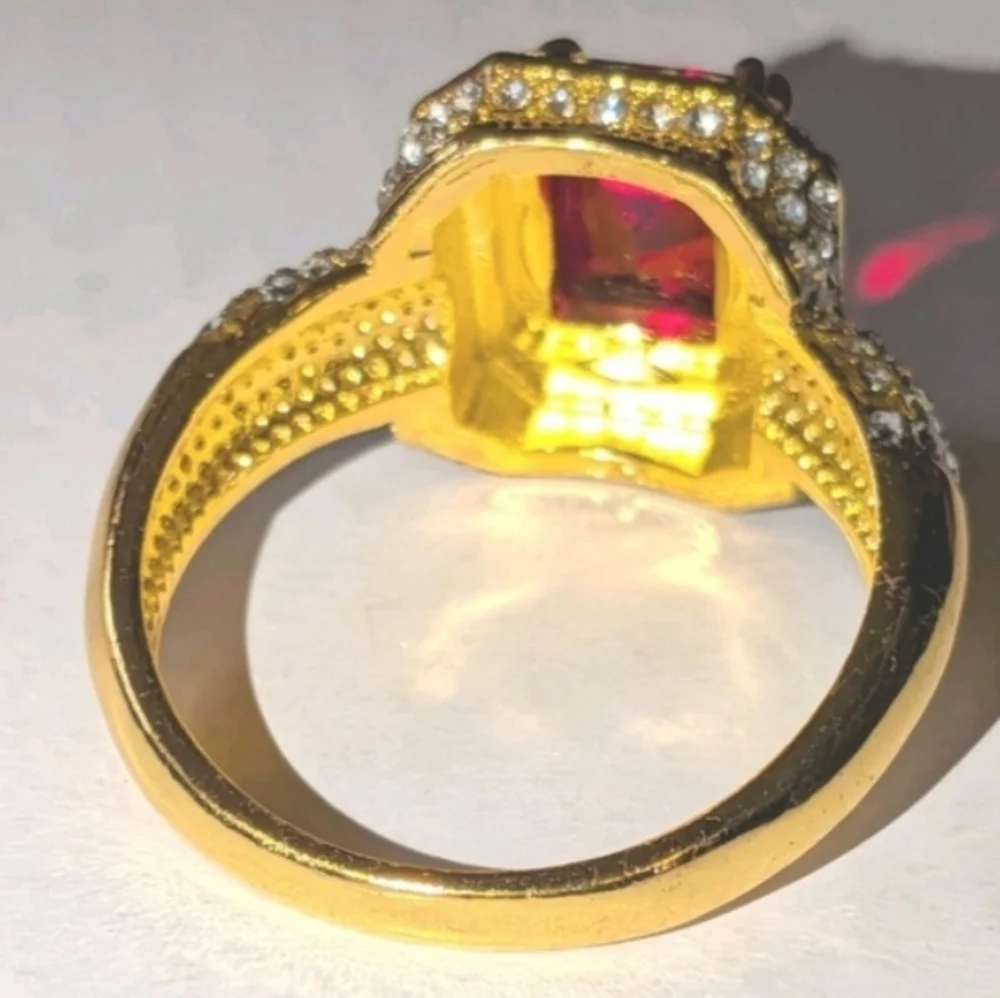4ct Radiant Cut Lab Created Ruby For Male Or Female 18k Gold Plated Ring  Sz12
